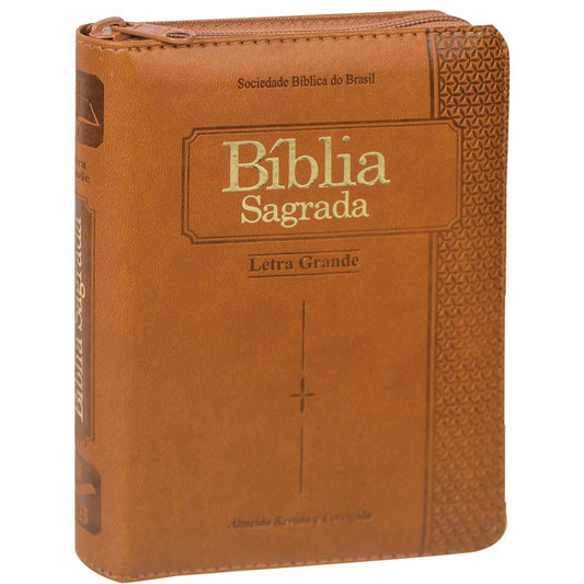BIBLIA SAGRADA LETRA GRANDE ARC MARROM 11,5X16,5 CM ZIPER E  INDICE
